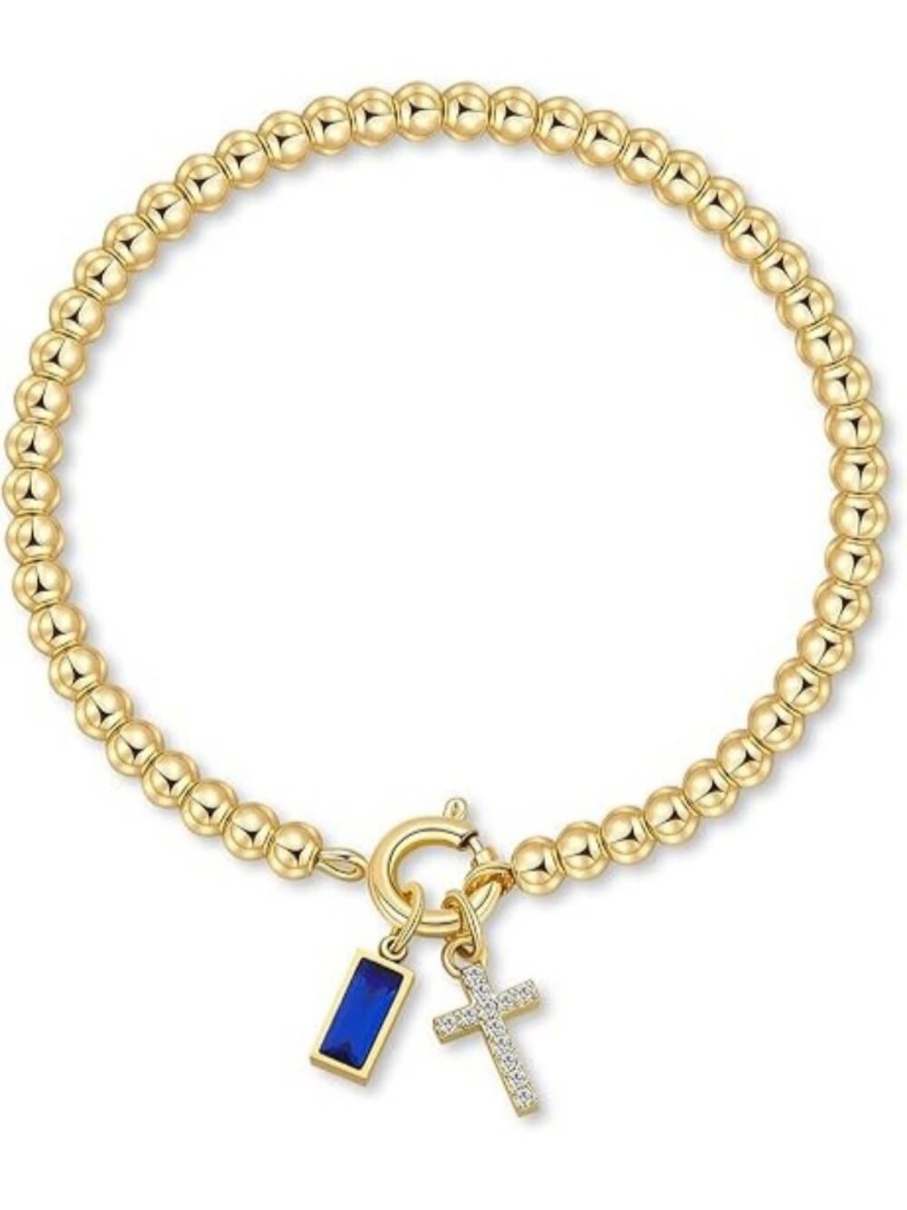 09-September(Sapphire) Cross Birthstone Elastic 14K Gold Plated Bead Bracelet